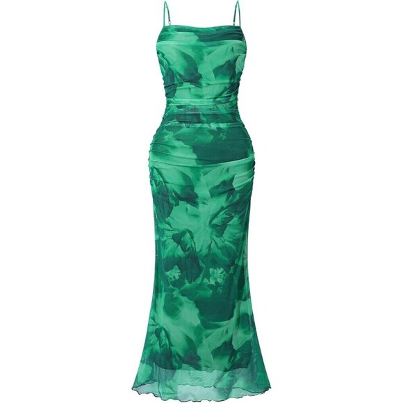 🆕 Women Green Mesh Sexy Cami Long Dresses Floral Slip Maxi RuchedSummer Bodycon - Picture 1 of 6